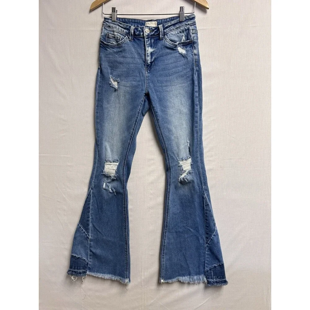 Altar’d State Distressed Denim Patchwork Bell Bottom Jeans Y2K Size 27